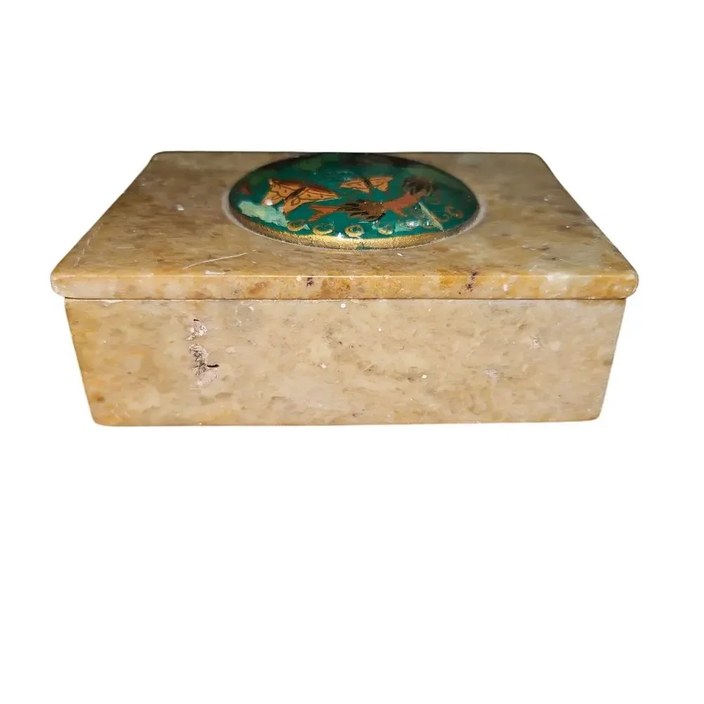 Vintage Indian Marble Trinket Box Enamel Painted Floral Inlay Stone Jewelry Box